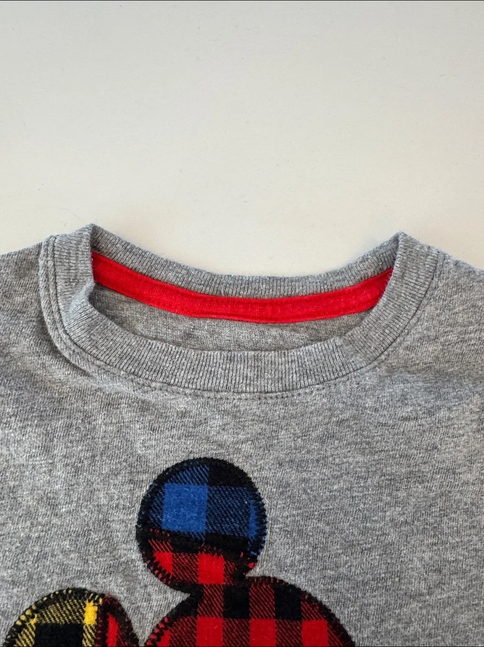 GAP Grey Long-Sleeve Tee with Plaid Disney Mickey Mouse in Red, Blue & Yellow
